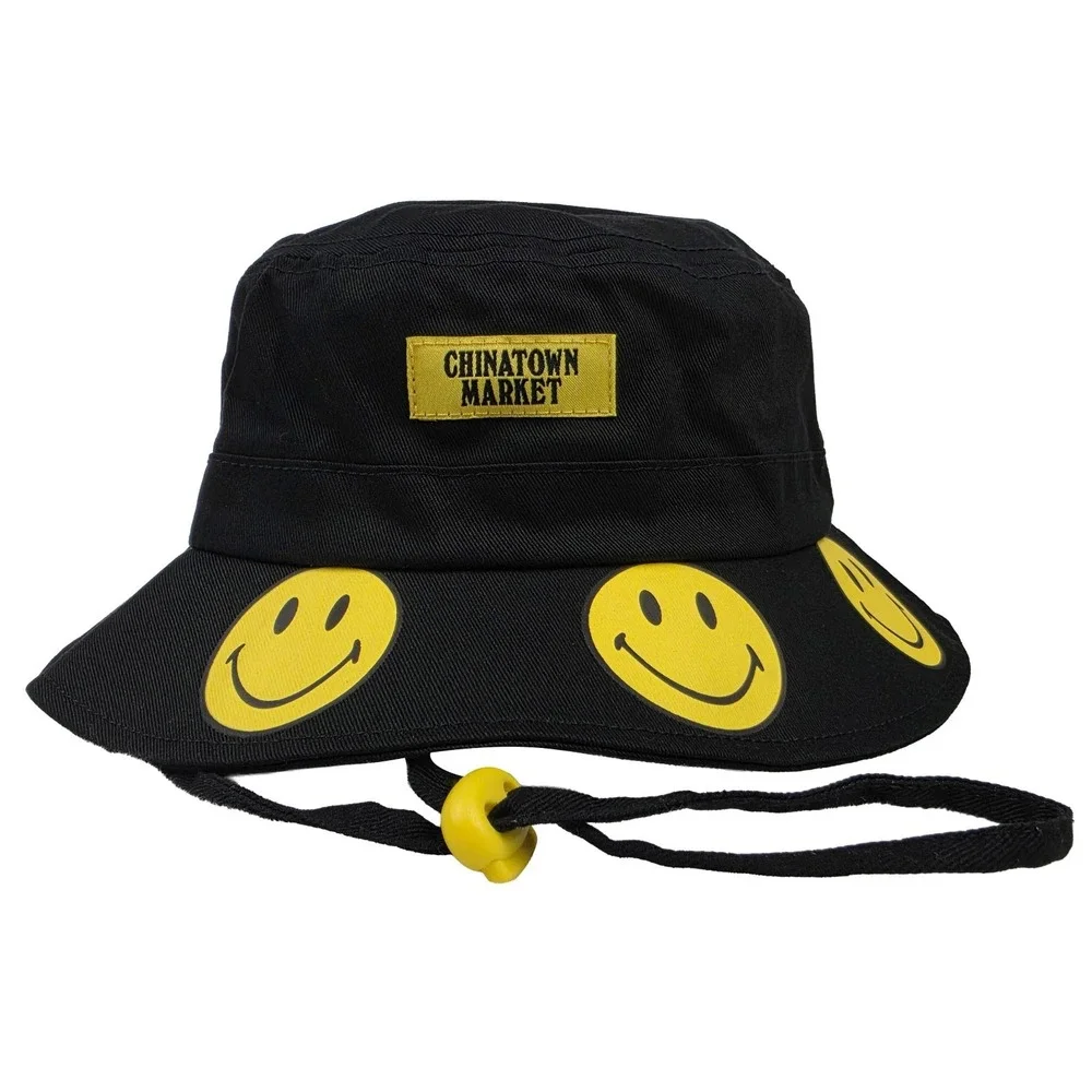 Smiley Bucket Hat Cap Medium Large Chinatown Market Woven Label Black NWT